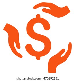 Dollar Care Hands icon. Vector style is flat iconic symbol with rounded angles, orange color, white background.