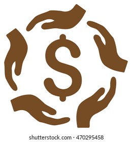 Dollar Care Hands icon. Vector style is flat iconic symbol with rounded angles, brown color, white background.