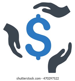 Dollar Care Hands icon. Vector style is bicolor flat iconic symbol with rounded angles, smooth blue colors, white background.