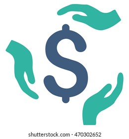 Dollar Care Hands icon. Vector style is bicolor flat iconic symbol with rounded angles, cobalt and cyan colors, white background.