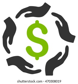 Dollar Care Hands icon. Vector style is bicolor flat iconic symbol with rounded angles, eco green and gray colors, white background.