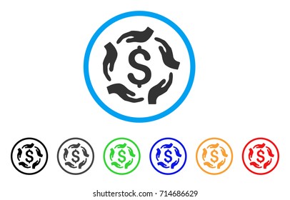 Dollar Care Hands icon. Vector illustration style is a flat iconic dollar care hands grey rounded symbol inside light blue circle with black, gray, green, blue, red, orange color versions.