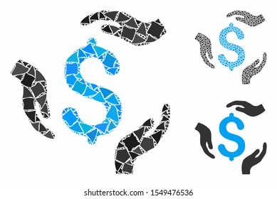 Dollar care hands mosaic of abrupt items in various sizes and color tints, based on dollar care hands icon. Vector humpy items are combined into mosaic.