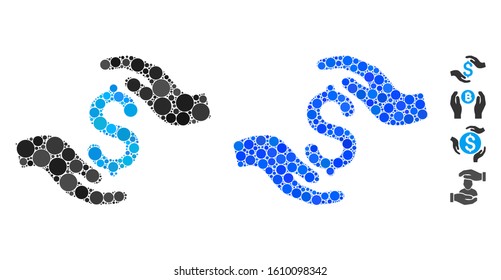 Dollar care hands mosaic of circle elements in various sizes and color tones, based on dollar care hands icon. Vector circle elements are combined into blue mosaic.