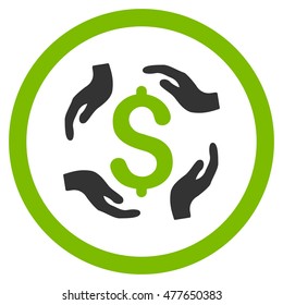 Dollar Care Hands rounded icon. Vector illustration style is flat iconic bicolor symbol, eco green and gray colors, white background.