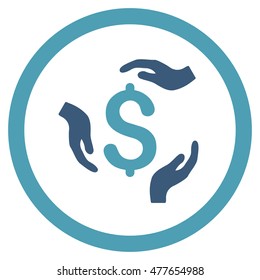Dollar Care Hands rounded icon. Vector illustration style is flat iconic bicolor symbol, cyan and blue colors, white background.