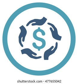 Dollar Care Hands rounded icon. Vector illustration style is flat iconic bicolor symbol, cyan and blue colors, white background.