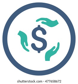 Dollar Care Hands rounded icon. Vector illustration style is flat iconic bicolor symbol, cobalt and cyan colors, white background.