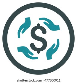 Dollar Care Hands rounded icon. Vector illustration style is flat iconic bicolor symbol, soft blue colors, white background.