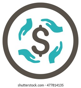Dollar Care Hands rounded icon. Vector illustration style is flat iconic bicolor symbol, grey and cyan colors, white background.