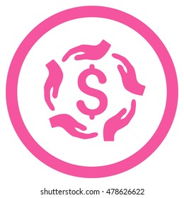 Dollar Care Hands rounded icon. Vector illustration style is flat iconic symbol, pink color, white background.