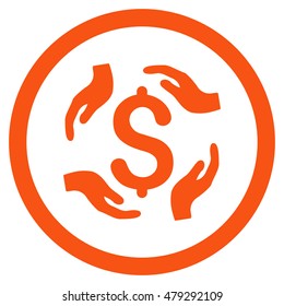 Dollar Care Hands rounded icon. Vector illustration style is flat iconic symbol, orange color, white background.