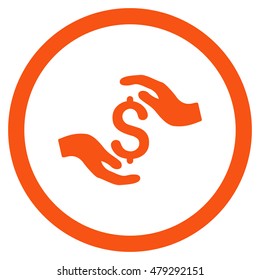Dollar Care Hands rounded icon. Vector illustration style is flat iconic symbol, orange color, white background.