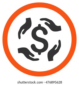 Dollar Care Hands vector bicolor rounded icon. Image style is a flat icon symbol inside a circle, orange and gray colors, white background.