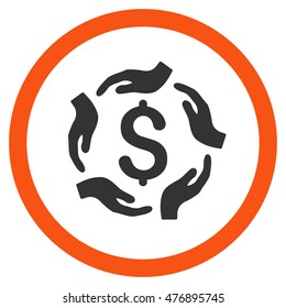 Dollar Care Hands vector bicolor rounded icon. Image style is a flat icon symbol inside a circle, orange and gray colors, white background.