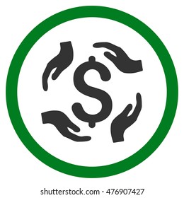 Dollar Care Hands vector bicolor rounded icon. Image style is a flat icon symbol inside a circle, green and gray colors, white background.