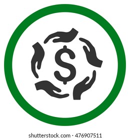 Dollar Care Hands vector bicolor rounded icon. Image style is a flat icon symbol inside a circle, green and gray colors, white background.