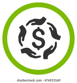 Dollar Care Hands vector bicolor rounded icon. Image style is a flat icon symbol inside a circle, eco green and gray colors, white background.