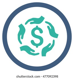 Dollar Care Hands vector bicolor rounded icon. Image style is a flat icon symbol inside a circle, cobalt and cyan colors, white background.