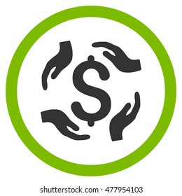 Dollar Care Hands vector bicolor rounded icon. Image style is a flat icon symbol inside a circle, eco green and gray colors, white background.