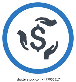 Dollar Care Hands vector bicolor rounded icon. Image style is a flat icon symbol inside a circle, smooth blue colors, white background.