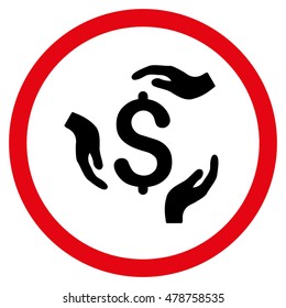 Dollar Care Hands vector bicolor rounded icon. Image style is a flat icon symbol inside a circle, intensive red and black colors, white background.