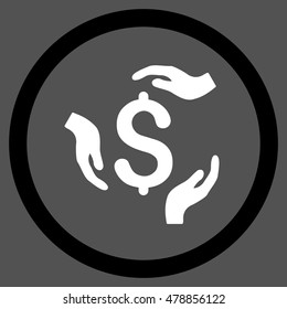 Dollar Care Hands vector bicolor rounded icon. Image style is a flat icon symbol inside a circle, black and white colors, gray background.