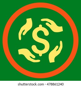 Dollar Care Hands vector bicolor rounded icon. Image style is a flat icon symbol inside a circle, orange and yellow colors, green background.
