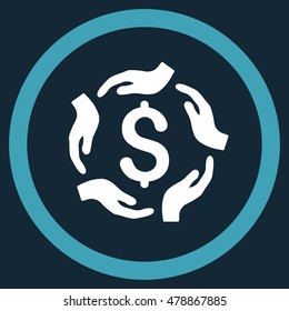 Dollar Care Hands vector bicolor rounded icon. Image style is a flat icon symbol inside a circle, blue and white colors, dark blue background.