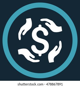 Dollar Care Hands vector bicolor rounded icon. Image style is a flat icon symbol inside a circle, blue and white colors, dark blue background.
