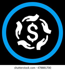 Dollar Care Hands vector bicolor rounded icon. Image style is a flat icon symbol inside a circle, blue and white colors, black background.