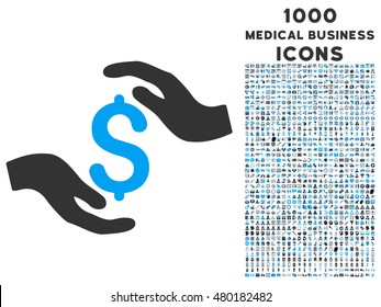 Dollar Care Hands vector bicolor icon with 1000 medical business icons. Set style is flat pictograms, blue and gray colors, white background.