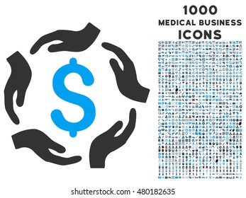 Dollar Care Hands vector bicolor icon with 1000 medical business icons. Set style is flat pictograms, blue and gray colors, white background.