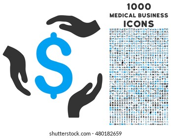 Dollar Care Hands vector bicolor icon with 1000 medical business icons. Set style is flat pictograms, blue and gray colors, white background.
