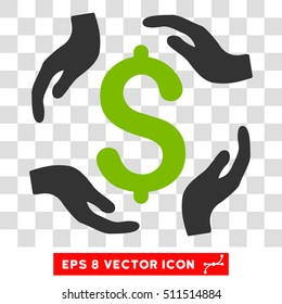Dollar Care Hands vector icon. Image style is a flat eco green and gray pictogram symbol.