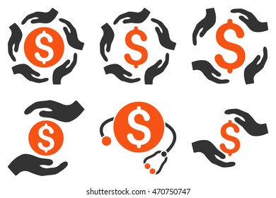 Dollar Care Hands vector icons. Pictogram style is bicolor orange and gray flat icons with rounded angles on a white background.