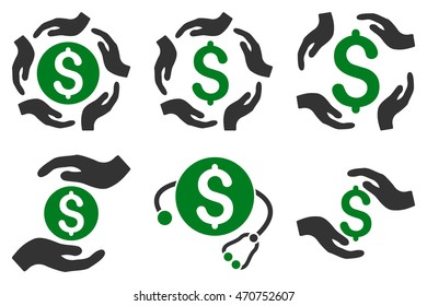 Dollar Care Hands vector icons. Pictogram style is bicolor green and gray flat icons with rounded angles on a white background.