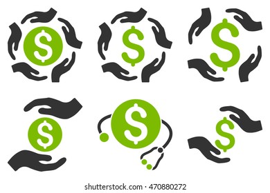Dollar Care Hands vector icons. Pictogram style is bicolor eco green and gray flat icons with rounded angles on a white background.