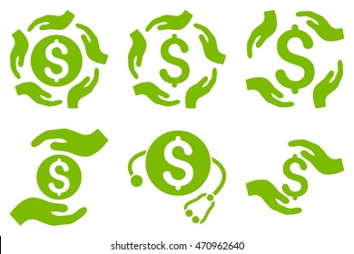 Dollar Care Hands vector icons. Pictogram style is eco green flat icons with rounded angles on a white background.