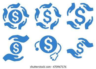 Dollar Care Hands vector icons. Pictogram style is cobalt flat icons with rounded angles on a white background.