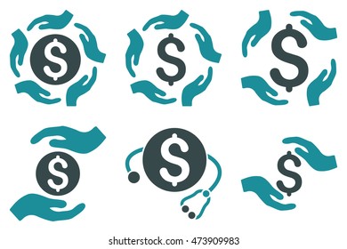 Dollar Care Hands vector icons. Pictogram style is bicolor soft blue flat icons with rounded angles on a white background.