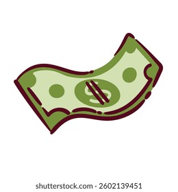 Dollar cartoon paper bill flying. Funny American green cash banknote falling in rain. Money payment, bank currency mascot, cartoon cute note with dollar sign floating in air vector illustration