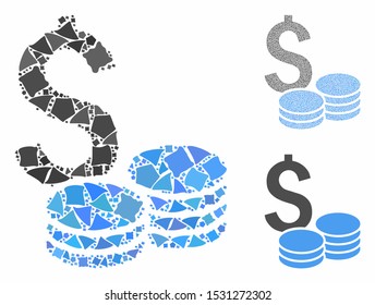 Dollar cash composition of rugged pieces in different sizes and color hues, based on dollar cash icon. Vector rugged pieces are combined into illustration.