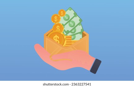 Dollar cash in envelope in hand. Bonus, salary, remittance income, hidden wages.on blue background.Vector Design Illustration.