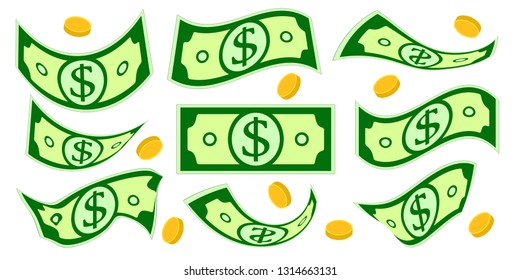 Dollar cash. Falling money isolated set. Crumpled money and coins. Vector illustration