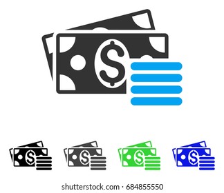 Dollar Cash flat vector illustration. Colored dollar cash gray, black, blue, green pictogram variants. Flat icon style for graphic design.