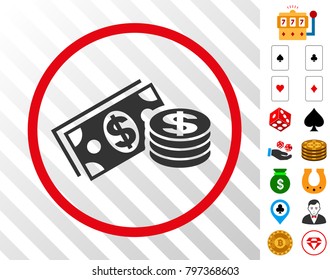 Dollar Cash gray icon inside red circle with bonus gambling pictographs. Vector illustration style is flat iconic symbols. Designed for casino ui.