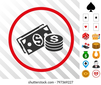 Dollar Cash gray icon inside red round frame with bonus gambling images. Vector illustration style is flat iconic symbols. Designed for gambling software.
