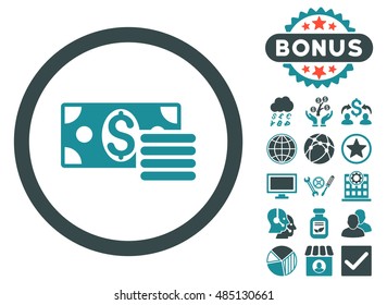 Dollar Cash icon with bonus design elements. Vector illustration style is flat iconic bicolor symbols, soft blue colors, white background.