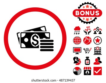 Dollar Cash icon with bonus design elements. Vector illustration style is flat iconic bicolor symbols, intensive red and black colors, white background.